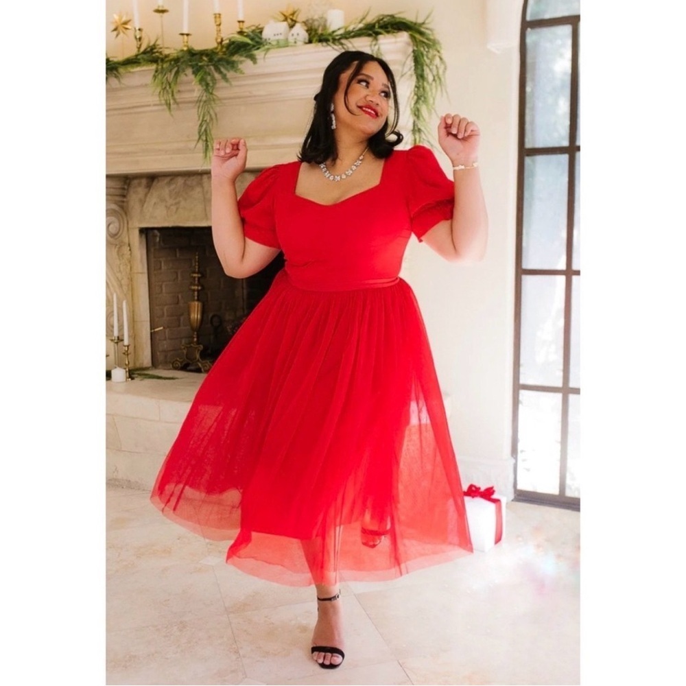 Ivy City Co. Ballerina Midi Dress in Red Size 3X Tulle Puff Sleeve Fit & Flare